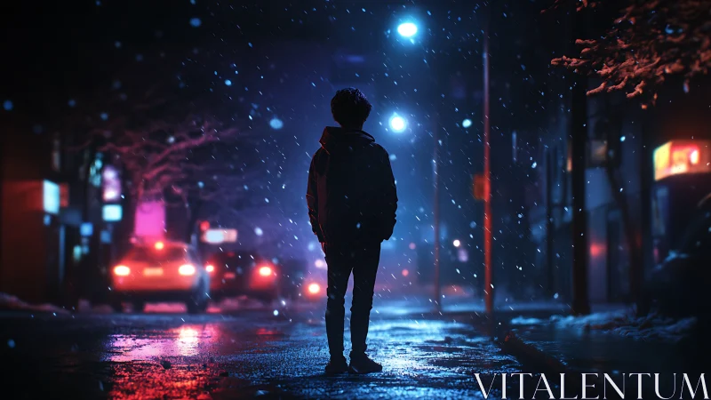 Midnight snow drifts around a lone dreamer in neon hush