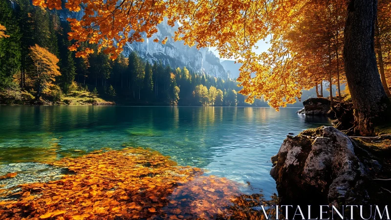 Autumn lake shoreline framed by golden foliage and mountains.