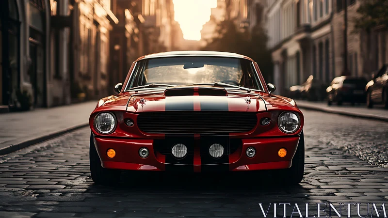 Crimson street shark idles in golden hour cobblestone canyon.