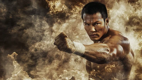 Storm-clad fighter hurls a molten punch through dusted chaos.