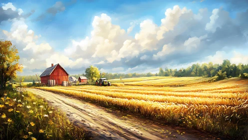 Golden country farm road winding through sunlit wheat fields.