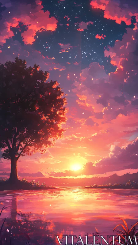 Sunset lake under starry sky with glowing clouds panorama.