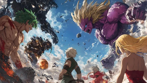 Epic anime clash of warriors versus colossal elemental titans