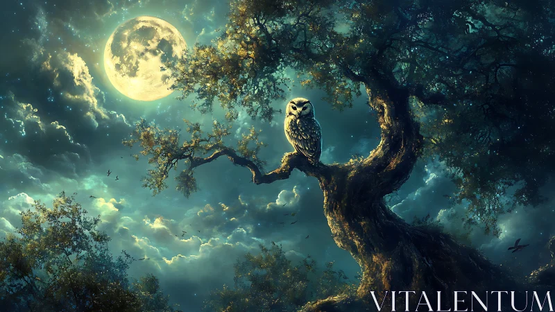 White owl perched on gnarled tree under bright full moon.