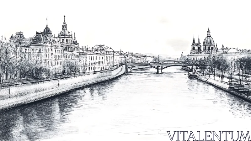 Riverside European cityscape ink drawing with domed cathedral