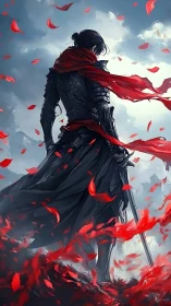 Armored swordsman in red scarf amid swirling crimson petals