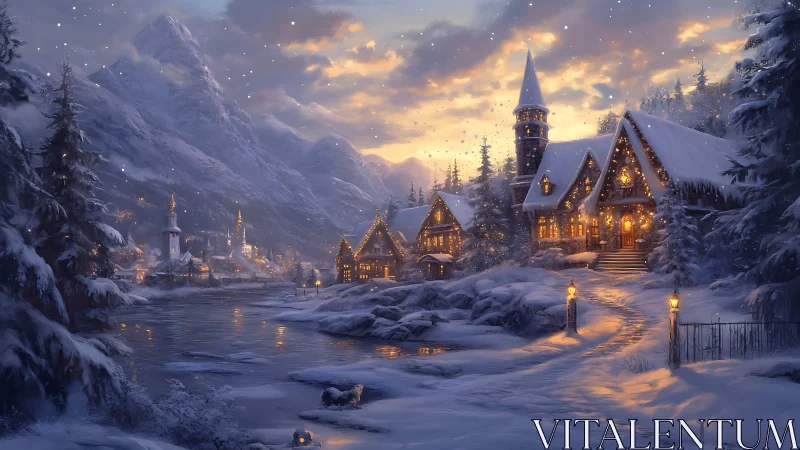 Snowy alpine village houses glow with warm evening lights