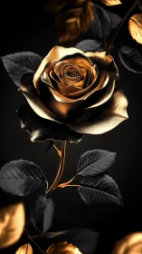 Golden Rose on Black Background with Foliage.
