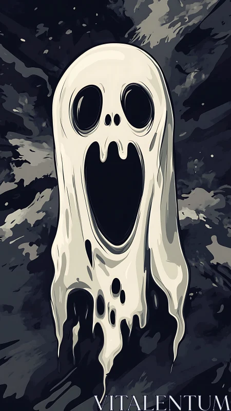 Ghostly white spirit with hollow eyes on dark swirling sky