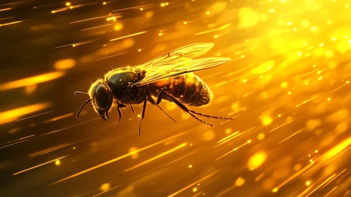 Honeybee soars through radiant streams of golden light.