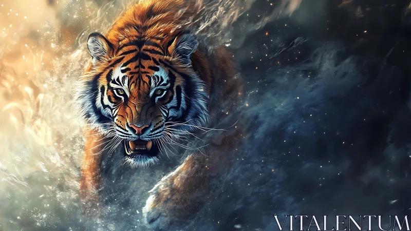 Tiger charges through swirling water and luminous mist.