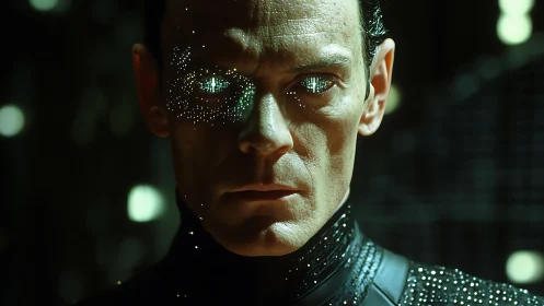 Cybernetic humanoid portrait with glowing data eyes.