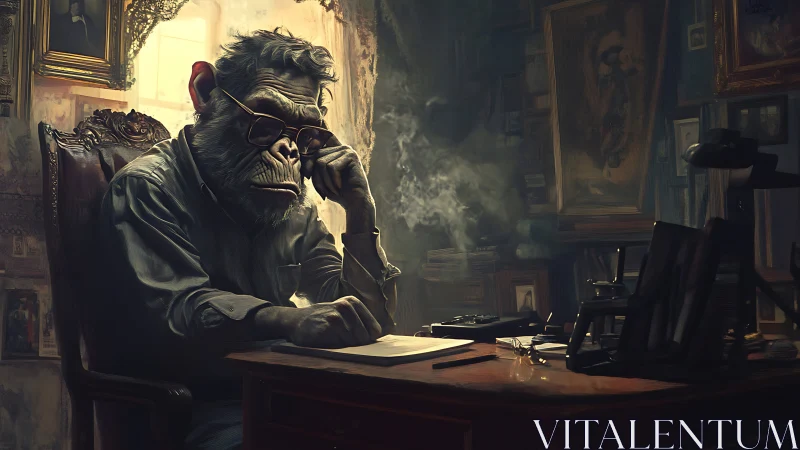 Anthropomorphic chimpanzee writing at dimly lit desk interior.