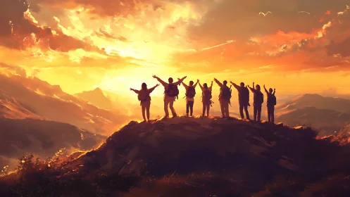 Sunrise summit crew saluting the sky in molten gold light.