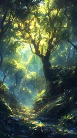 Luminous Forest Canopy: Radiant Woodland Cathedral in Digital Oil.