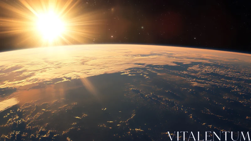 Sunrise arcs above illuminated Earth horizon in space