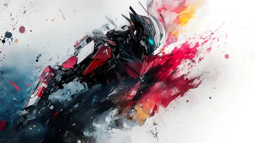 Crimson striker mech erupts through abstract paint storm.