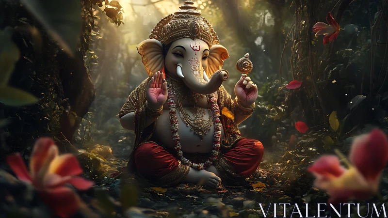 Digital painting of Ganesha in luminous forest shrine setting.