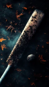 Cricket bat and ball lie on dark ground with scattered leaves