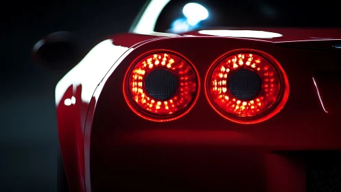 Red sports car rear LED tail lights glow in darkness