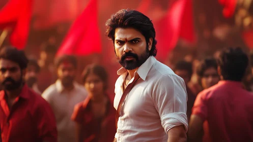 Defiant leader stands before charged red protest crowd.