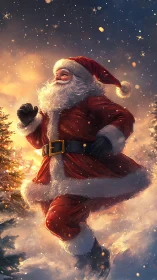 Joyful Santa dashes through glowing Christmas snow.
