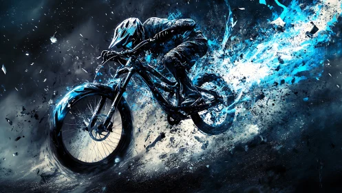 Mountain cyclist rendered in dynamic blue particle field.