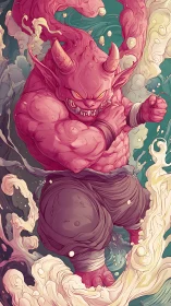 Demonic genie materializes in swirling pastel vapor dynamics