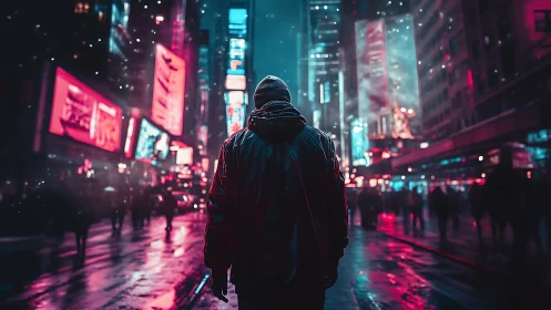 Neon midnight swallows a lone wanderer in rain slick streets