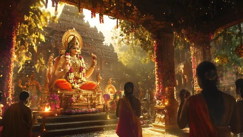 Seated deity statue in ornate temple hall with observers.