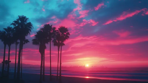 Neon dusk over palm-lined shore in vibrant magenta sky.