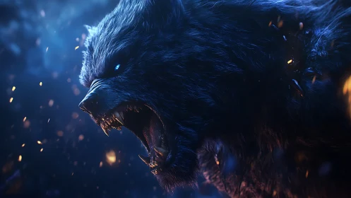 Cinematic 3D render of roaring spectral wolf in ember storm.