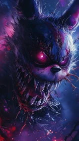 Nightmare creature bares glowing fangs in neon storm haze