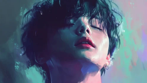 Portrait of youth with closed eyes in neon light glow.