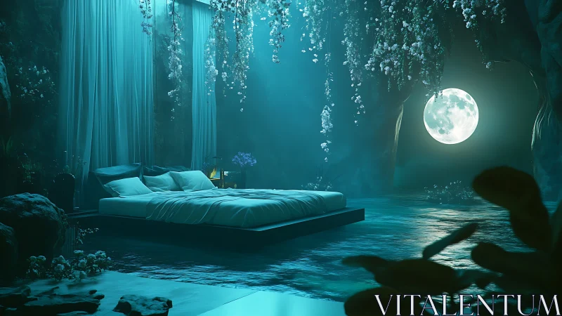 Moonlit floating bed within cavernous water chamber.