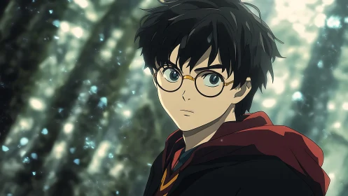 Young anime wizard stares ahead in glowing forest light.