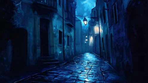 Narrow cobblestone alley at night under blue streetlights.