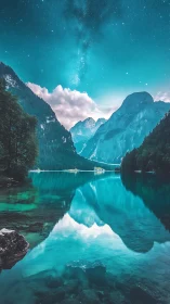 Turquoise alpine lake under starry Milky Way sky reflection.