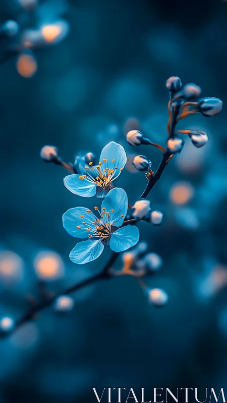 Blue flowering branch with bokeh background and warm stamen detail