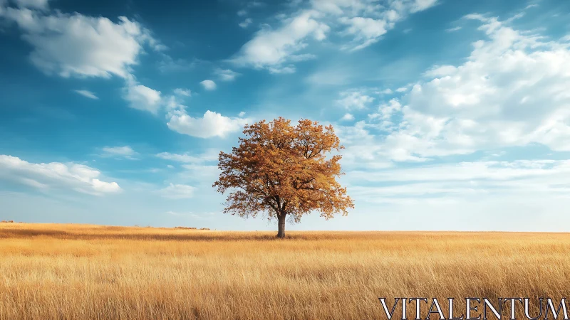 Lone oak tree in golden field under vibrant blue sky, landscape style.