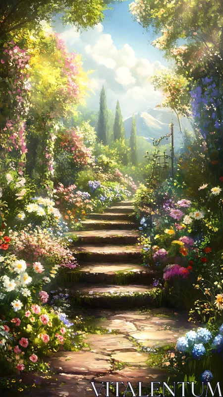 Stone garden steps ascending through dense flowering plants.