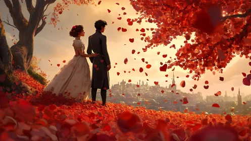 Two souls embrace beneath crimson petals raining down