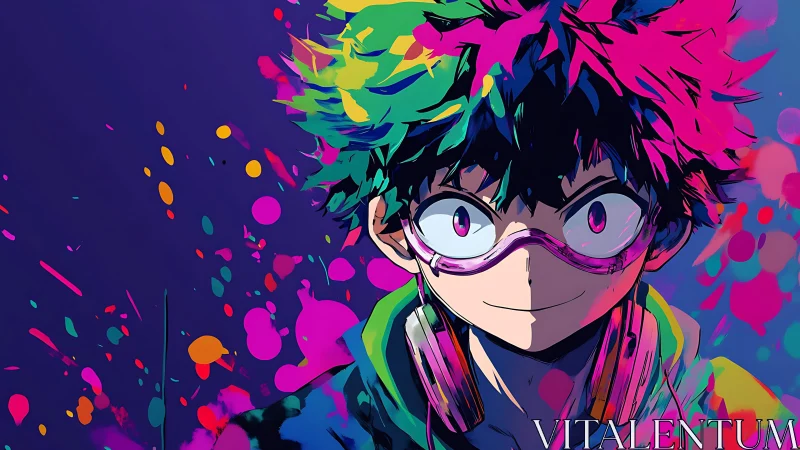 Neon colored anime portrait depicts character with goggles