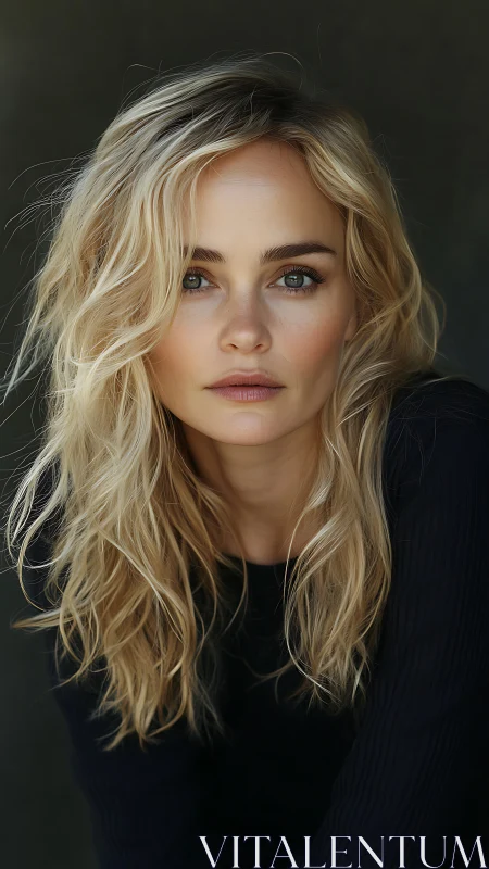 Blonde woman portrait with direct gaze on dark backdrop.