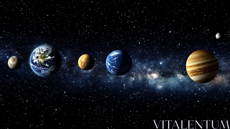 Solar system planets aligned over dense starfield background.