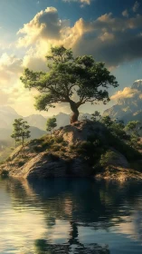 Solitary pine crowns rocky islet under warm sunset sky