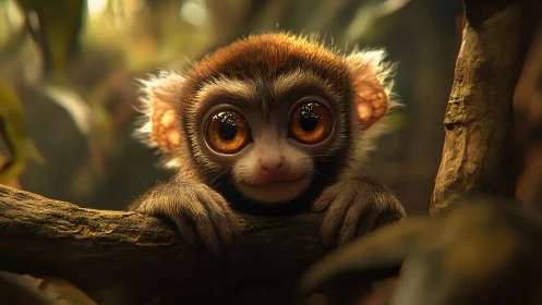 Tiny jungle primate with luminous amber eyes watches quietly.