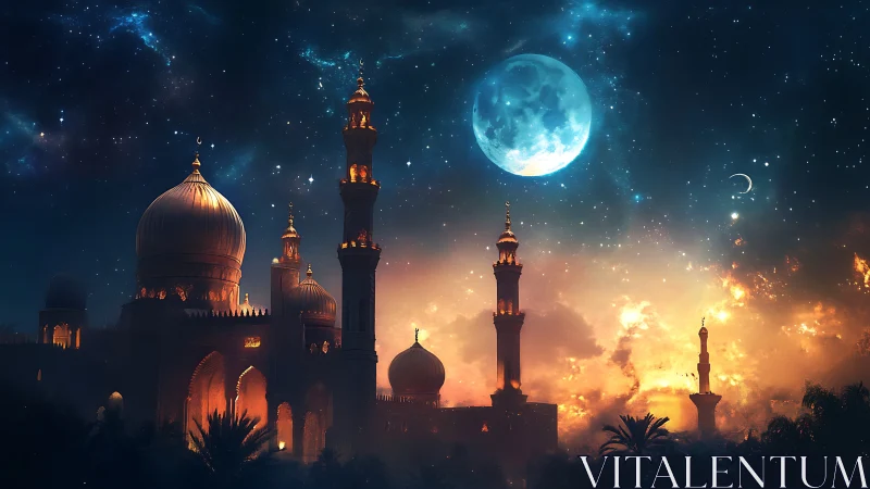 Luminous domed skyline under nebular night sky and oversized moon