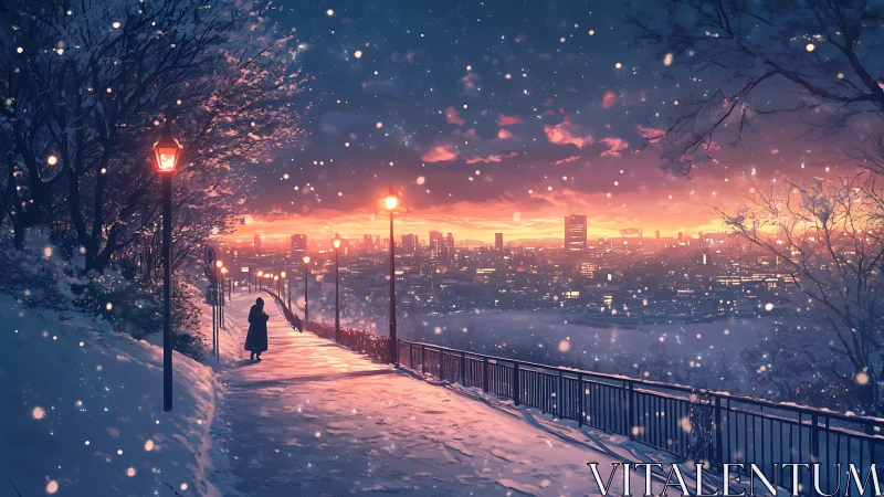 Solitary figure on snowy hill overlooking sunset cityscape