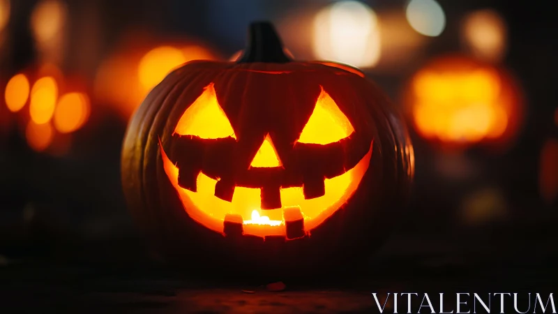 Glowing jack-o-lantern smiles warmly in a moody Halloween night